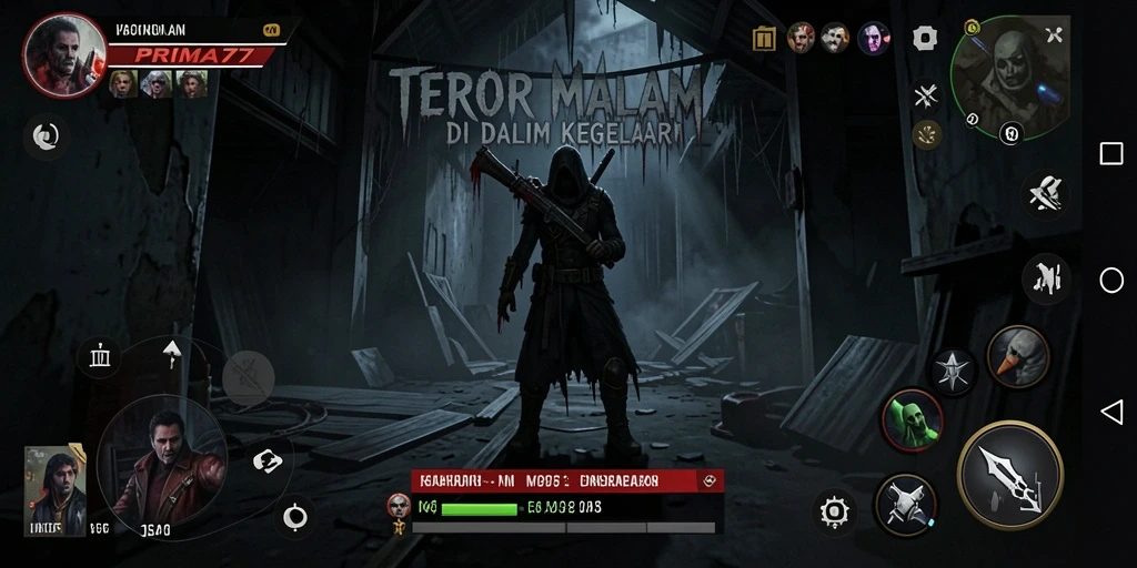 Tampilan gameplay PRIMA77 dengan suasana horror yang kental.